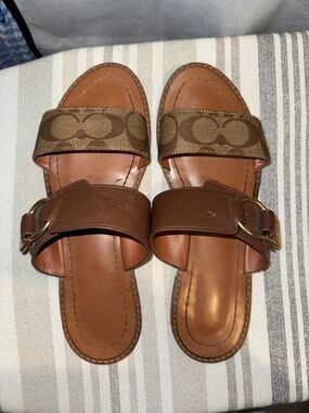 Coach Brown Leather & Signature Canvas Slide Sandals